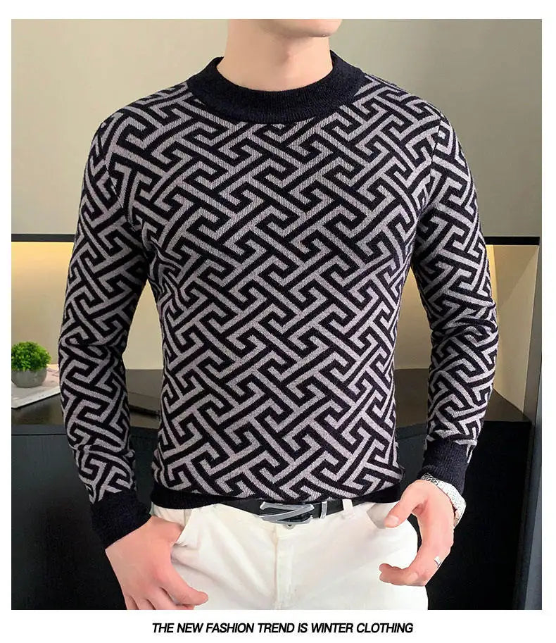 Autumn Winter Velvet Knitted Sweater Men's Long Sleeve Round Necked Sweater Slim Fit Casual Business Knitwear Tops Men Clothing