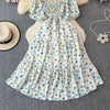 2024 New Summer Flower Print Long Dress Women Vintage Square Neck Ruched Chest Sash Bandage Sundress Party Vestidos