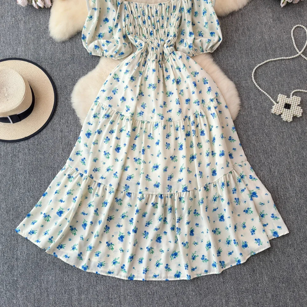 2024 New Summer Flower Print Long Dress Women Vintage Square Neck Ruched Chest Sash Bandage Sundress Party Vestidos