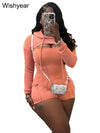 Women's Knitted Ribbed Cargo Pocket Playsuits with Hooded Long Sleeve Top Outfits Jumpsuits Shorts Overalls Birthday Clubwear