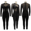 Sexy Mesh Patchwork Jumpsuits for Women Elegant Long Sleeve Bandage One Piece Party Long Bodysuit