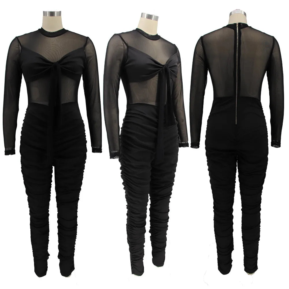 Sexy Mesh Patchwork Jumpsuits for Women Elegant Long Sleeve Bandage One Piece Party Long Bodysuit