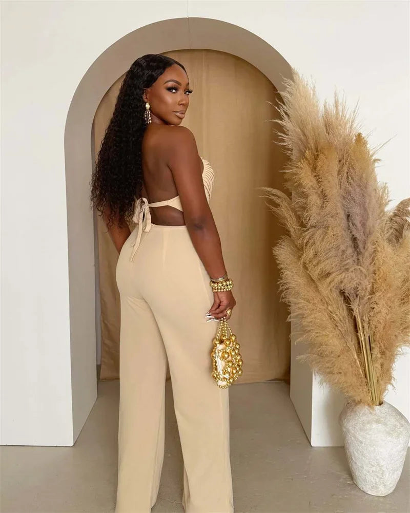 Sexy Halter Backless Jumpsuits Woman Elegant High Waist Flare Pants Sleeveless Beading Ruched Party Romper Birthday Club Outfits