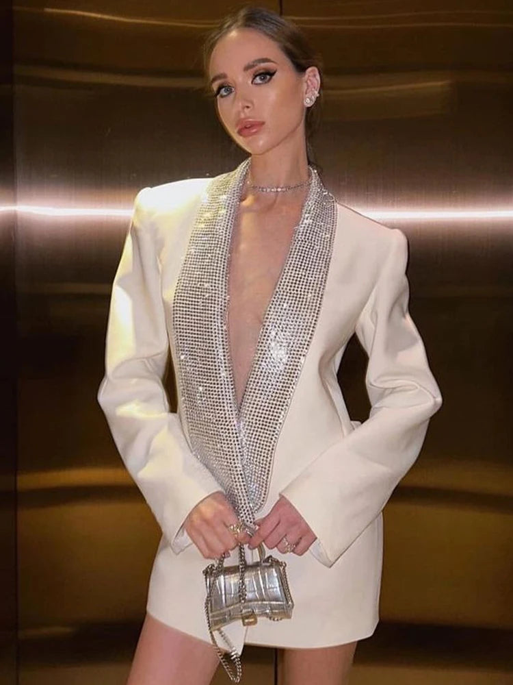 Dulzura Solid Sparkly Crystal Rhinestone Shoulder Pad Backless Suit 2024 Summer For Women Classic Prom Elegant Evening Party