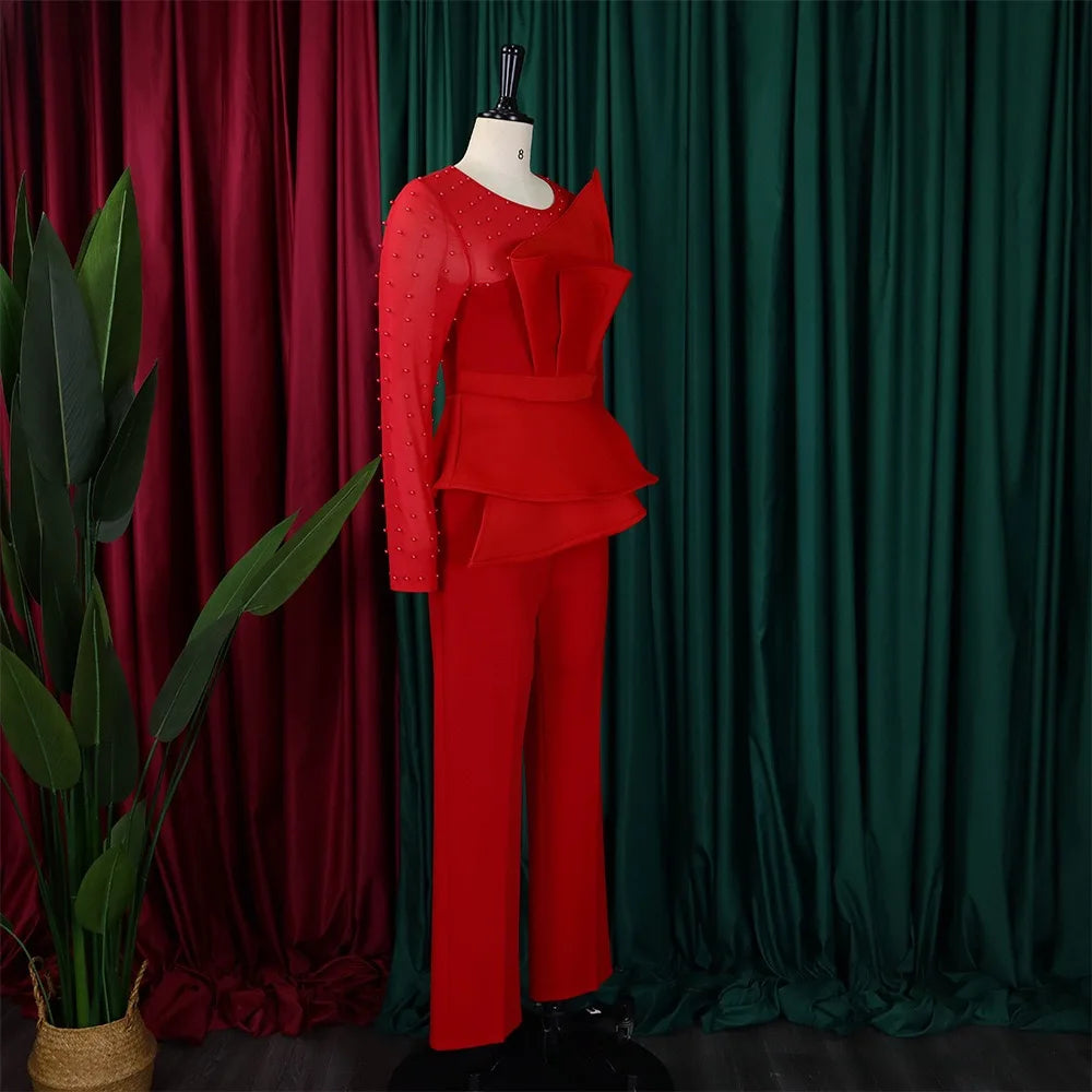 Luxury Jumpsuits & Rompers for Women Round Neck Beaded Transparent Sleeve High Waisted Elegant Female Birthday Party Overalls