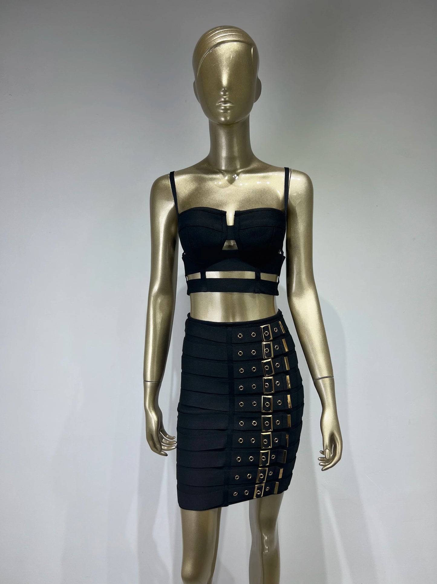 Women Celebrity Sexy Cut Out Mental Black White Mini Bodycon Bandage Skirt Set 2023 Elegant Evening Birthday Club Party Outfits