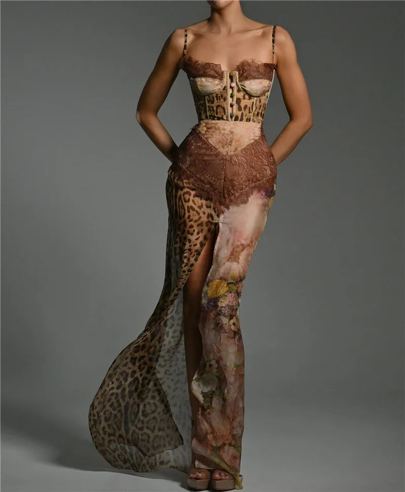 Mozision Leopard Print Lace Split Sexy Maxi Dress Women Gown Elegant Patchwork Chiffon Sleeveless Backless Beach Evening Dress