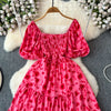 2024 New Summer Flower Print Long Dress Women Vintage Square Neck Ruched Chest Sash Bandage Sundress Party Vestidos