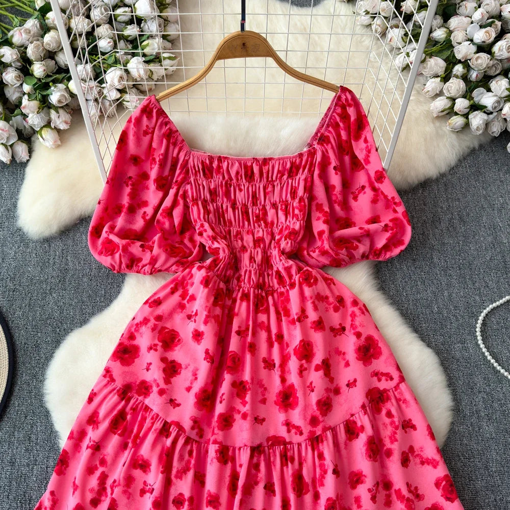 2024 New Summer Flower Print Long Dress Women Vintage Square Neck Ruched Chest Sash Bandage Sundress Party Vestidos