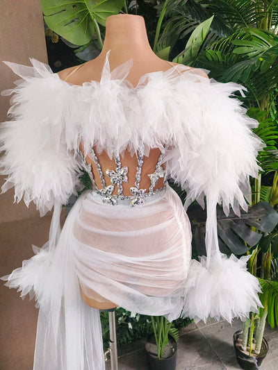 White Purple Women Sexy Strapless Mesh Ruffles 2 Pieces Bodycon Mini Dress See Through Celebrate Nightclub Party Birthday Wear