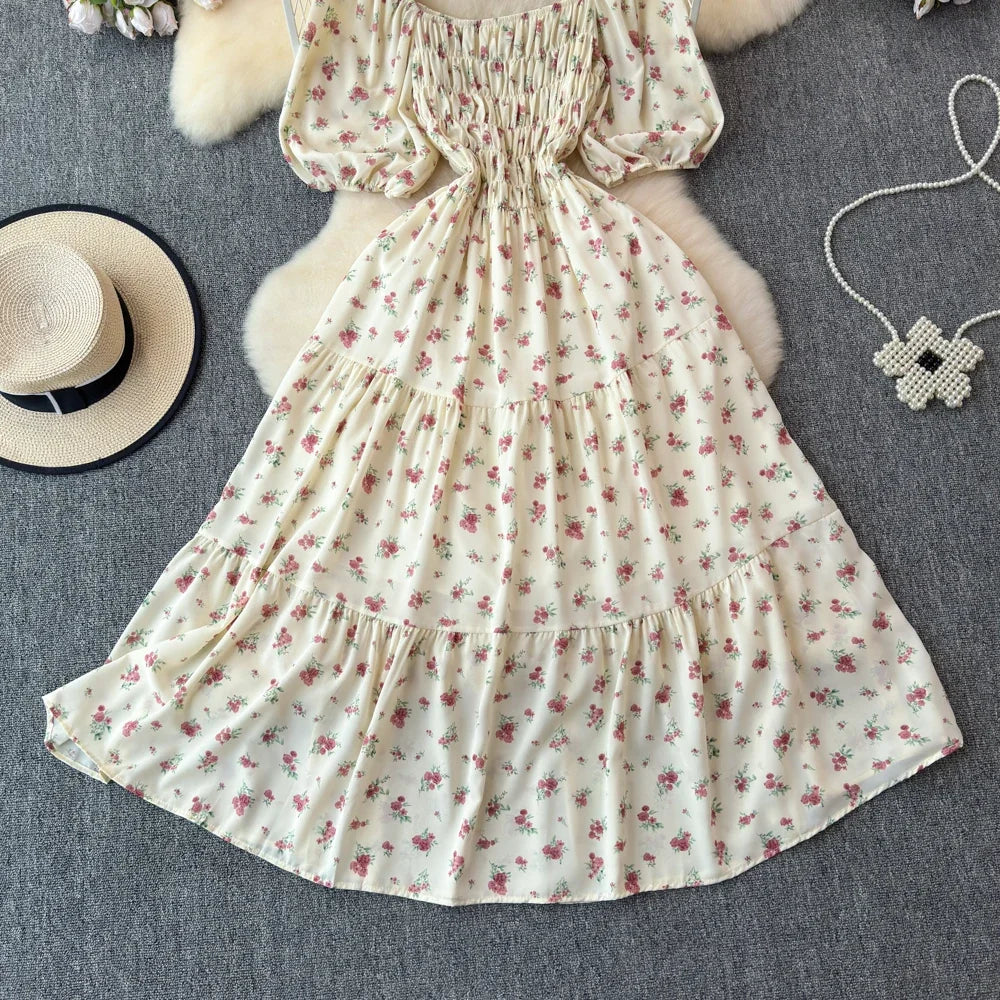 2024 New Summer Flower Print Long Dress Women Vintage Square Neck Ruched Chest Sash Bandage Sundress Party Vestidos