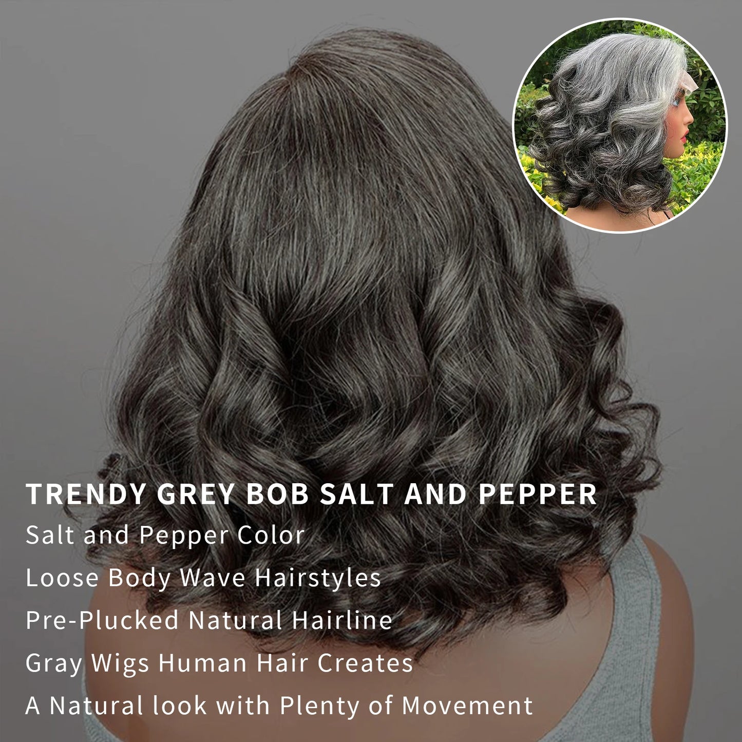 Natural Wave Gray Short Bob Salt And Peppe Glueless Closure Lace Wig Brazilian Human Hair Ready to Wear Lace Wigs For Women