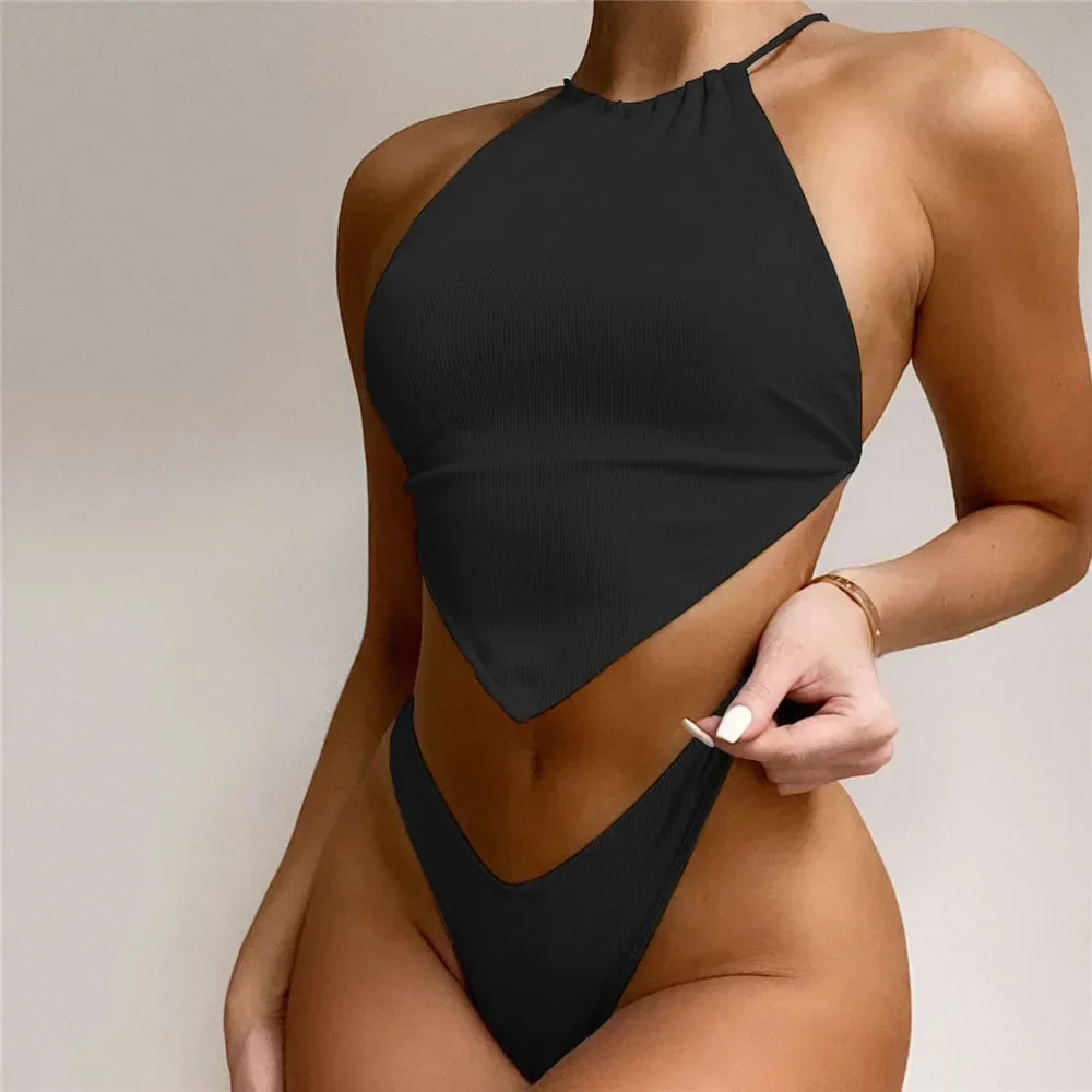Sexy Halter Bandana Bikinis Set Swimwear Women Thong Swimsuits Backless Bathing Suit Bikini 2024 Mujer Swim Wear Biquini Summer