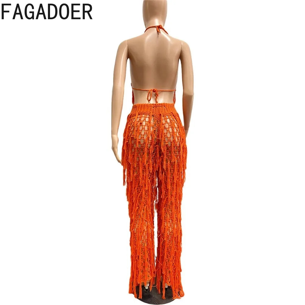 FAGADOER Sexy Hollow Out Tassels Pants Two Piece Sets Women Halter Sleeveless Backless Crop Top + Pants Outfit Female Streetwear