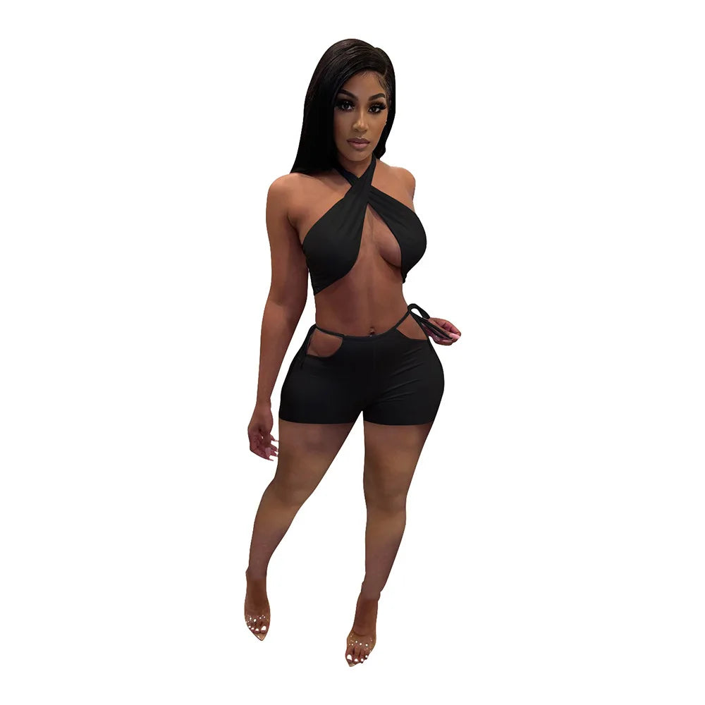 Two Piece Sets for Women Ruched Bandage Criss Cross Solid Women 2024 Spring Backless Club Crop Top and Shorts Matching Set