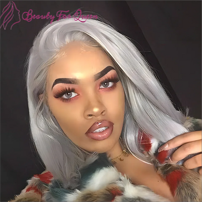 Straight Short Bob Wigs Silver Grey Colored For Women Glueless Brazilian Remy Lace Frontal Wig 180% Density Human Hair