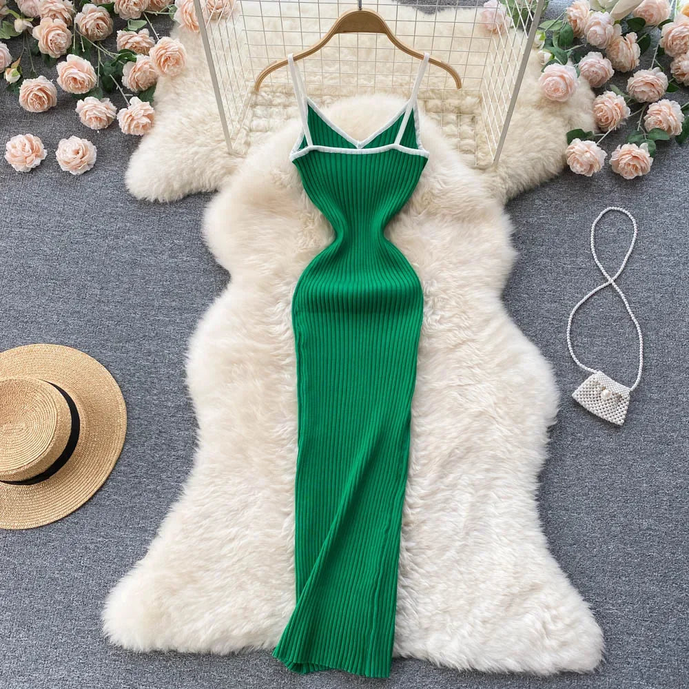 Summer V Neck Knit Sexy Strap Dress Women Elatic Waist Bodycon Sundress Female Beach Backless Maxi Long Dress