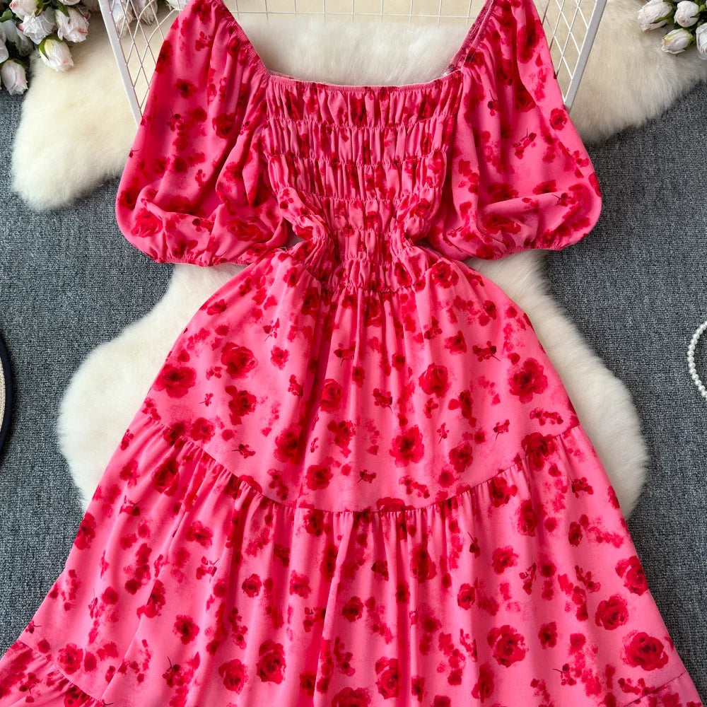 2024 New Summer Flower Print Long Dress Women Vintage Square Neck Ruched Chest Sash Bandage Sundress Party Vestidos