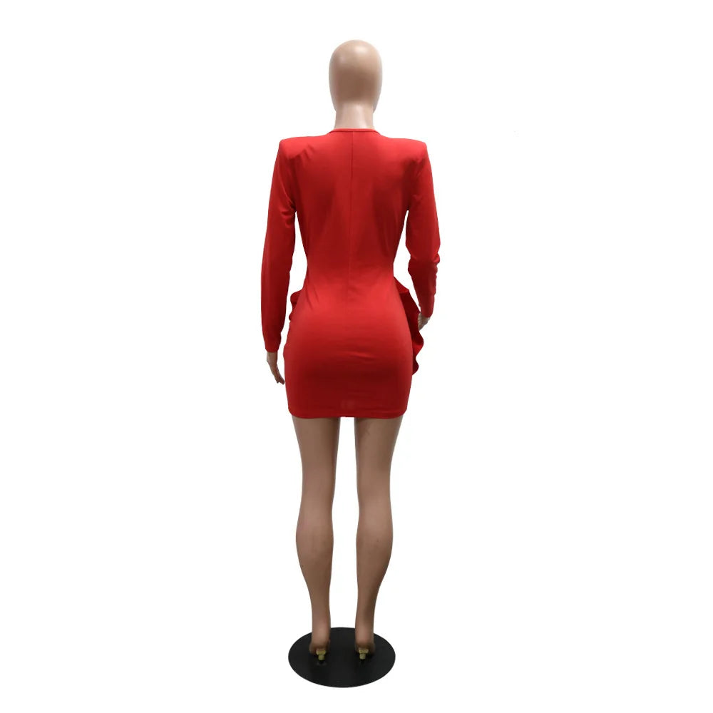 CM.YAYA Women Rose Floral Applique Long Sleeve Bodycon Mini Midi Dress Winter V-neck Club Sexy Party Evening Dresses Vestidos