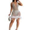 Elegant Luxury Sequins See Through Feather Mini Dress Celebrity Halter Backless Women‘s Sexy Birthday Party Nightclub Vestidos