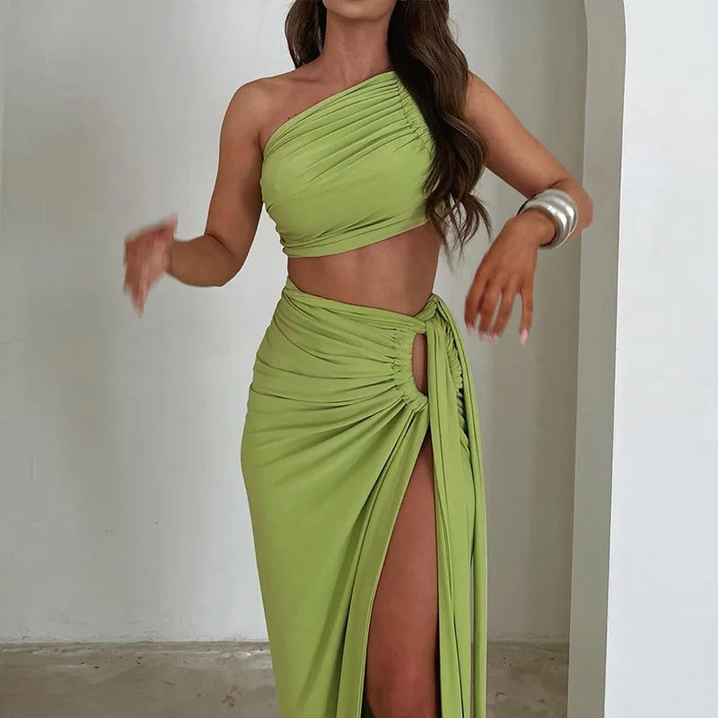 Ladies Spring 2 Pieces Sleeveless Backless Strap Spit Crop Top Side Slit Slim Fit Maxi Skirt Set Women Evening Party Clubwear