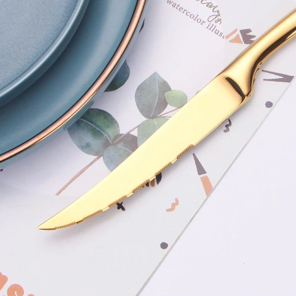 6/16/20/24Pcs Gold Tableware Stainless Steel 304 Cutlery Set Western Dinner Set Mirror Knife Fork Spoon Smooth Handle Flatware