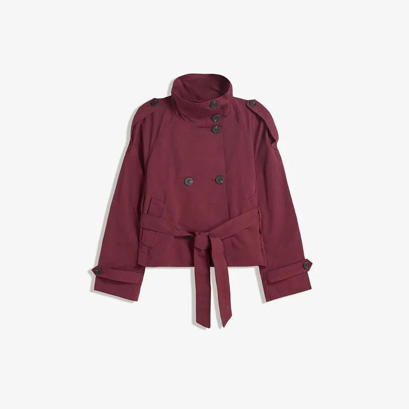 Fashion Belt Short Trench Coat Women Stand Collar Double Breasted Pocket Long Sleeve Coats 2025 Autumn Lady Commute Chic Outwear