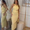 TRAFZA Women Fashion Suit Yellow V-Neck Sleeveless Belt Sngle Breasted Tops+High Waist Pocket Belt Long Skirts Female Summer Set