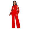 Fashion Women's Clothing Hollow Long-sleeved Loose Wide Leg Jumpsuits Overall Pants Solid Color Sexy Lace