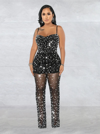 HBLL Women Club Outfits Spaghetti Strap Bodycon Jumpsuits Sparkly Rhinestone Romper Birthday Night Out One Piece Clubwear