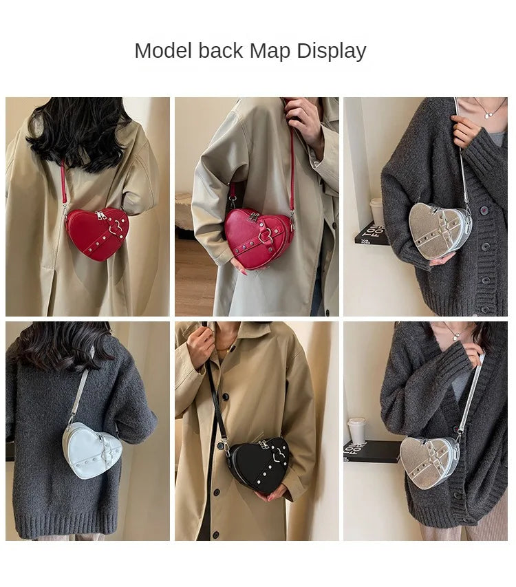 Vintage Y2K Small Chain Rivet Shoulder Bag Heart Shaped Purse Handbag Red PU Leather Gothic Tote Bag Fashion Women Crossbody Bag