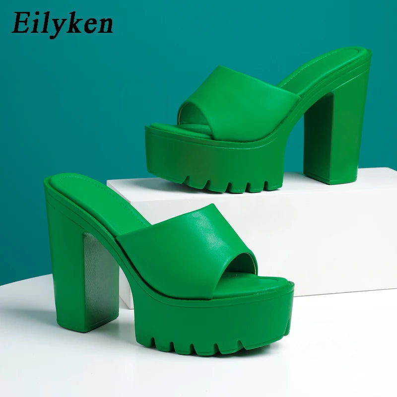 Eilyken Summer Fashion Women's Slippers Banquet Nightclub Platform Chunky High Heels Slide Mule Shoes Green White Sandals