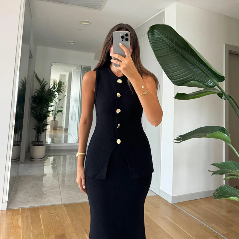 Elegant Knit Vest Suits Women Solid Single Breasted O-neck Sleeveless Slim Waistcoat Bodycon Midi Skirts 2025 Spring Lady Outfit