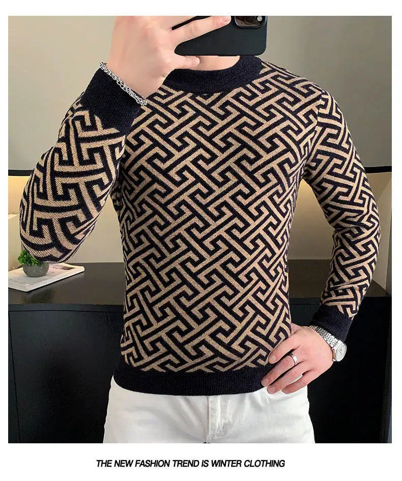 Autumn Winter Velvet Knitted Sweater Men's Long Sleeve Round Necked Sweater Slim Fit Casual Business Knitwear Tops Men Clothing