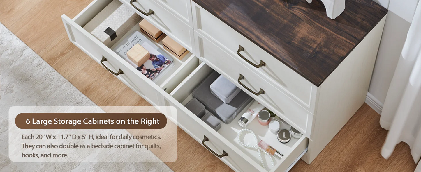 69" W rustic wood bedroom dresser with glass top, 9 large storage drawers, 3 color usable lights and 30 "HD Led mirror