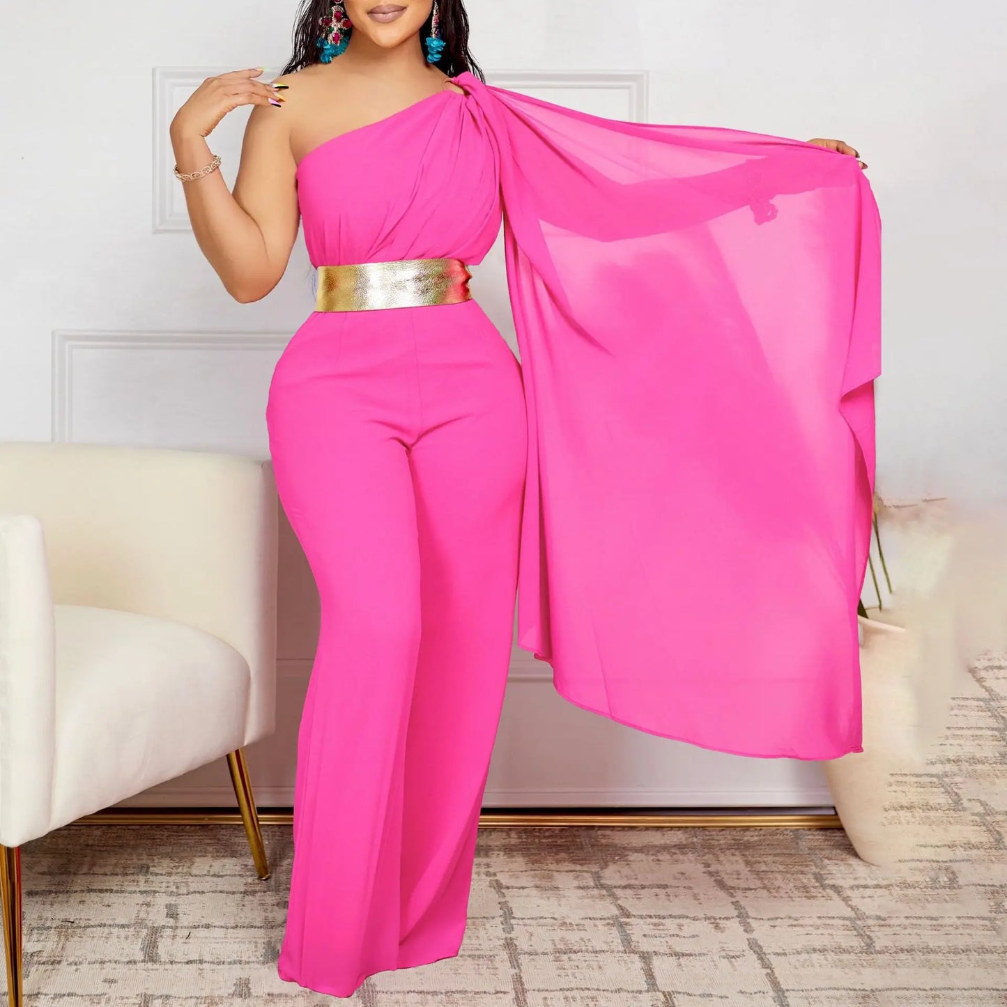 Elegant Women One Shoulder Jumpsuit with Belt Long Sleeve Spring Summer Plus Size One Piece Fashion Sexy Ladies Rompers 2024