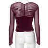 CUTENOVA Chic Design Cross Neck Crop Top Solid Color Mesh See Through Sexy Pleated Long Sleeve Elegant T-Shirt For Women Casual