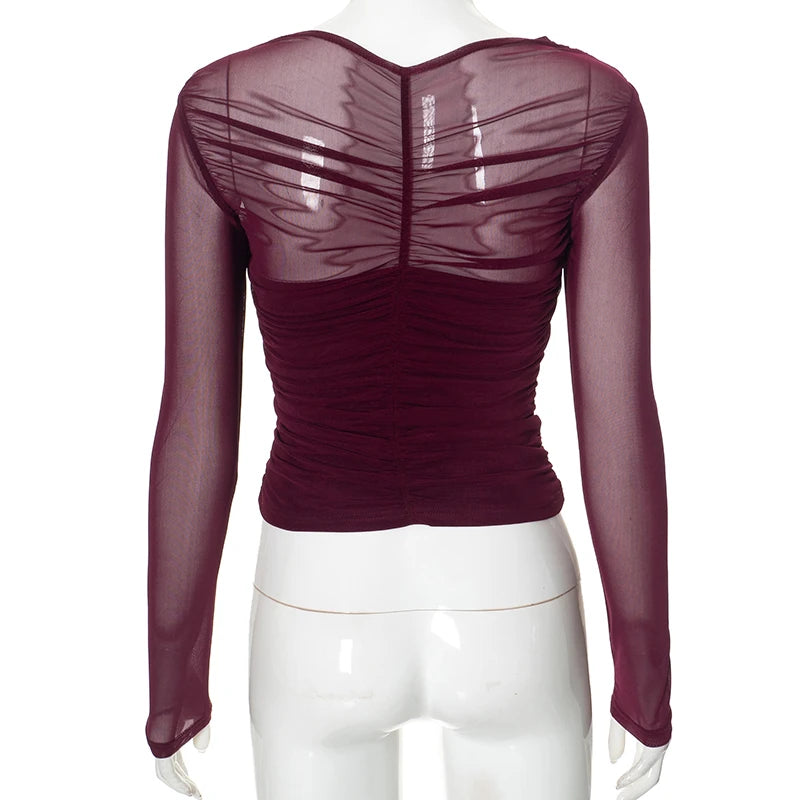 CUTENOVA Chic Design Cross Neck Crop Top Solid Color Mesh See Through Sexy Pleated Long Sleeve Elegant T-Shirt For Women Casual
