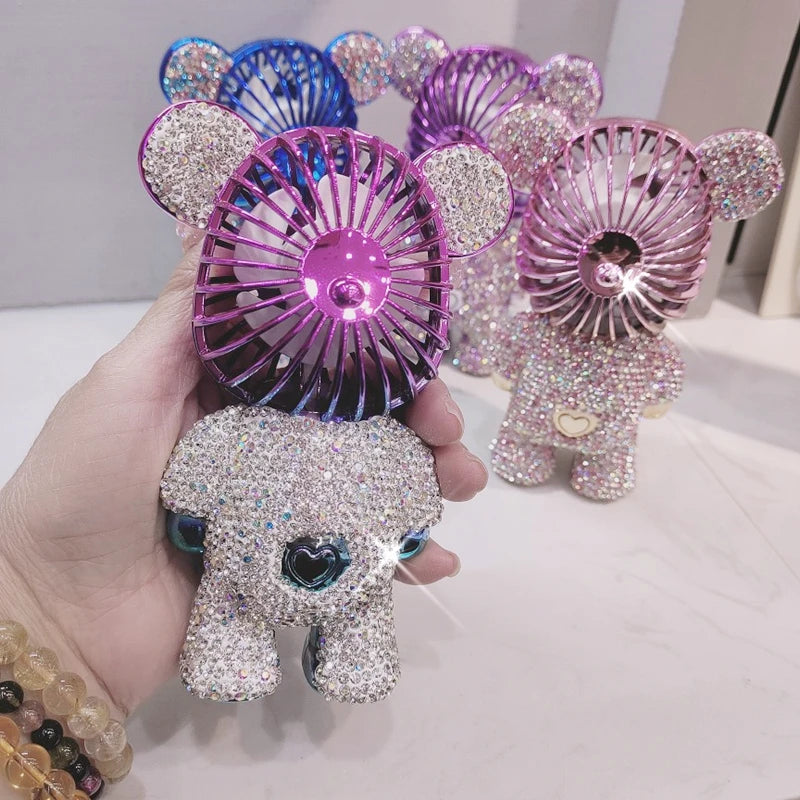 Handheld Fan with Rhinestones Three-Speed Cute Cartoon Bear USB Desktop Portable Convenient Home Office Outdoors Gift