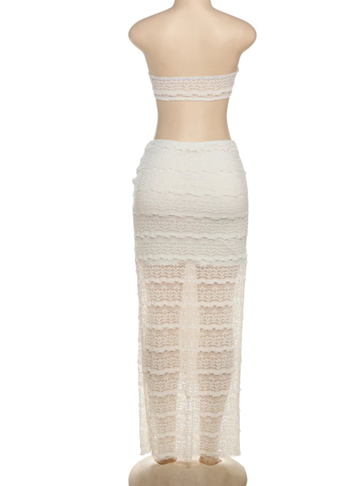 Weird Puss Elegant Women 2piece Set Sexy See Through Thin Tierred Y2K Seashell Tube Top+Wrapped Bandage Skirts Matching Clubwear
