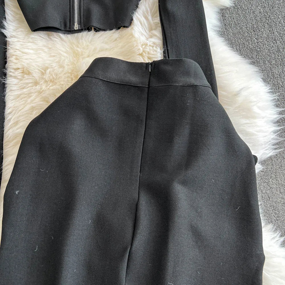 Faionable Diamond Embellied Wrap Skirt Set ort Top Long Dr Slimming High Collar Long Sve Zipper Two Piece Set