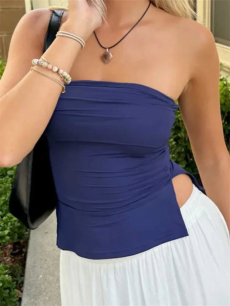 Women Tube Tops Solid Color Strapless Slit Tank Tops Summer  Bandeau Cropped Tops Streetwear 2024 New
