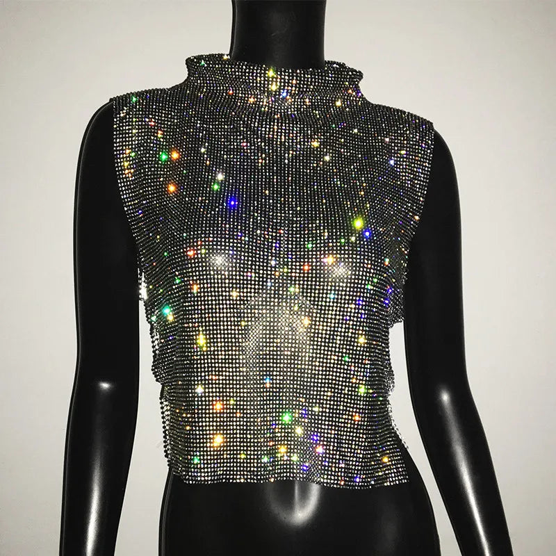 Sexy Rhinestone Backless Party Crop Top Women Glitter Turtleneck TShirt Adjustable Metal Chain Summer Nightculb Diamond Tank Top