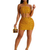 New Silvery Sexy Mini Skirt and Choker Crop Top Strapless Halter Two 2 Piece Set Women Rhinestones Night Club Birthday Outfits