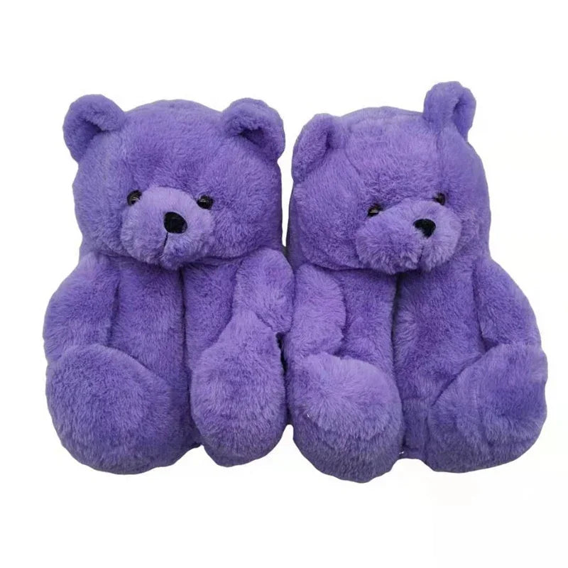 Cute Teddy Bear Plush Winter Slippers Wrapped in Heels Fun Indoor Floor Shoes Women's Gift Warm and Soft Cartoon Plush Animal Sl