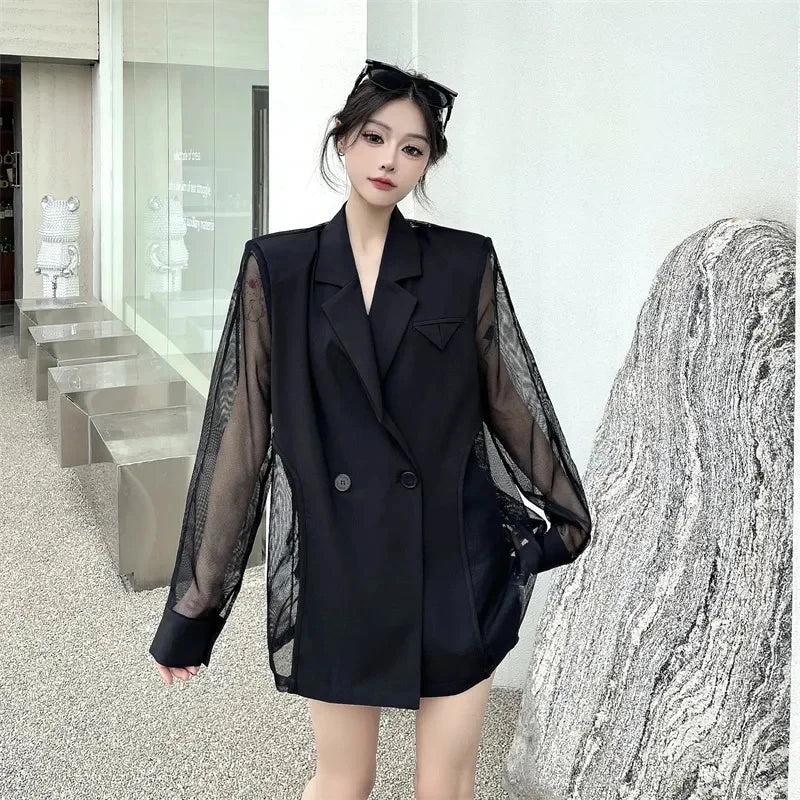 Fashion Hollow Out Mesh Patchwork Blazer for Women Y2K Korean Chic Net Long Sleeves Loose Black Coat Gothic Casual Suit Jacket