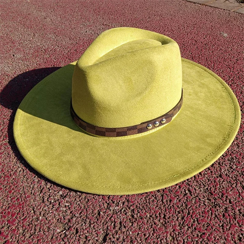 Fedora hat nubuck leather elastic webbing concave top wide brim hat for men and women autumn and winter hat  sombrero hombre