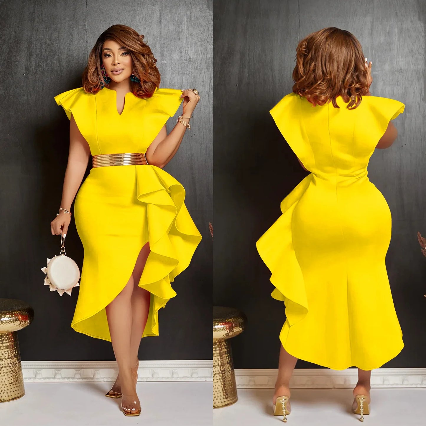 CM.YAYA Women Flare Short Sleeve High Side Split Ruffles Bodycon Midi Dress 2023 Autumn Vestidos Sexy Party Birthday Dresses