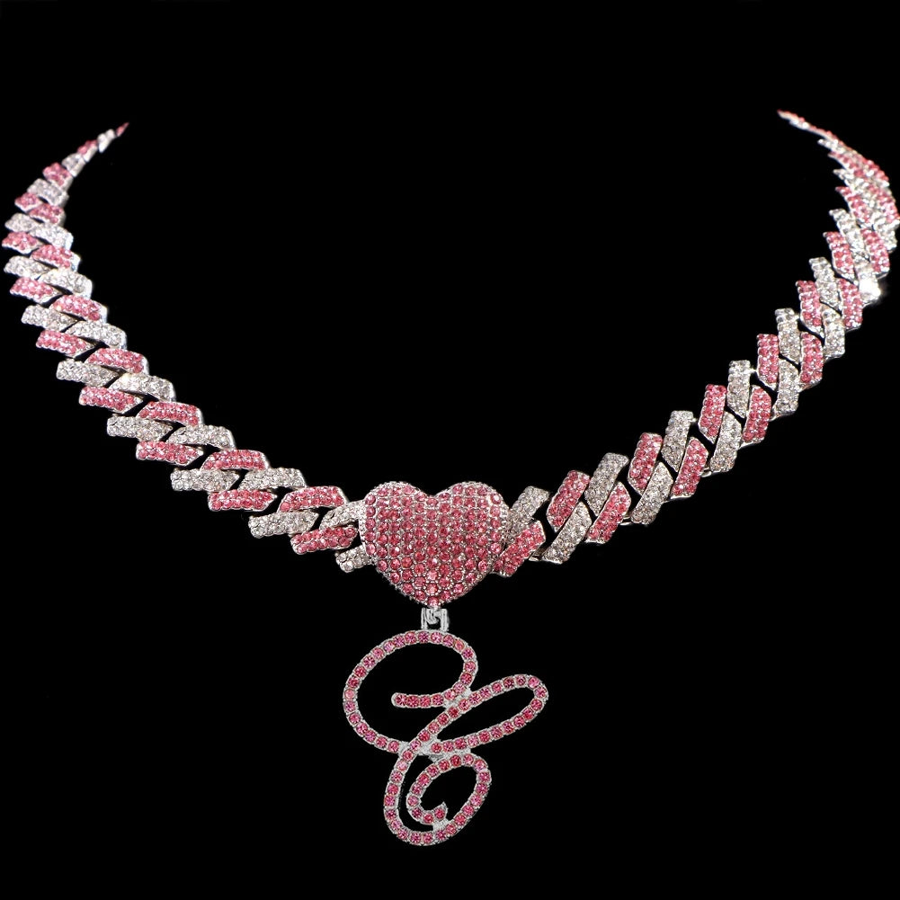 Hip Hop Bling Pink Crystal Cursive Initial Letter Cuban Necklace for Women Iced Out Paved Cuban Chain Necklace Choker Jewelry