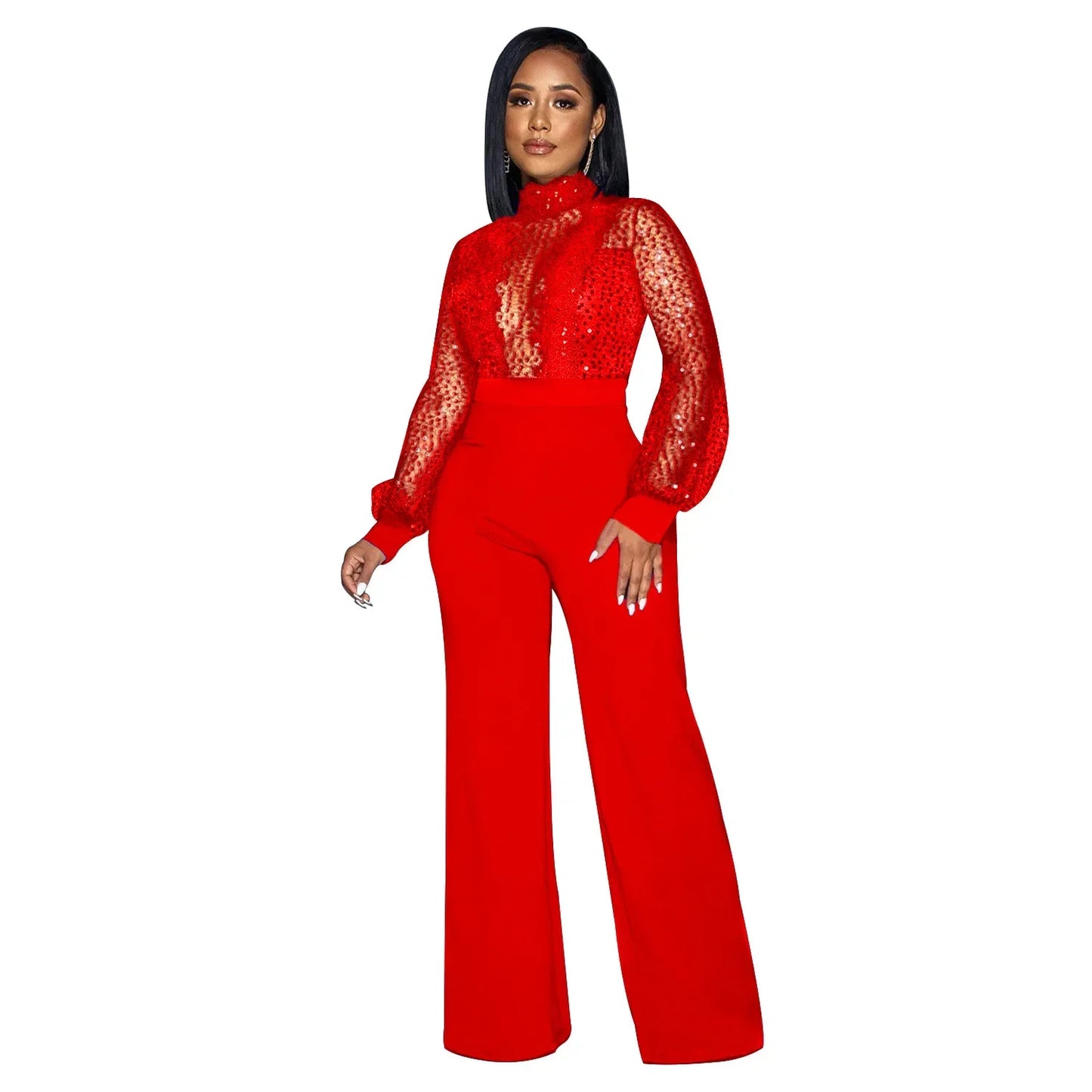 Fashion Women's Clothing Hollow Long-sleeved Loose Wide Leg Jumpsuits Overall Pants Solid Color Sexy Lace